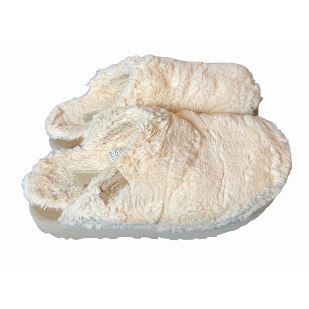 UGG NATURAL FUZZ SUGAR WOOL/ FAUX FUR FLUFF SLIDE SLIPPERS, US 7